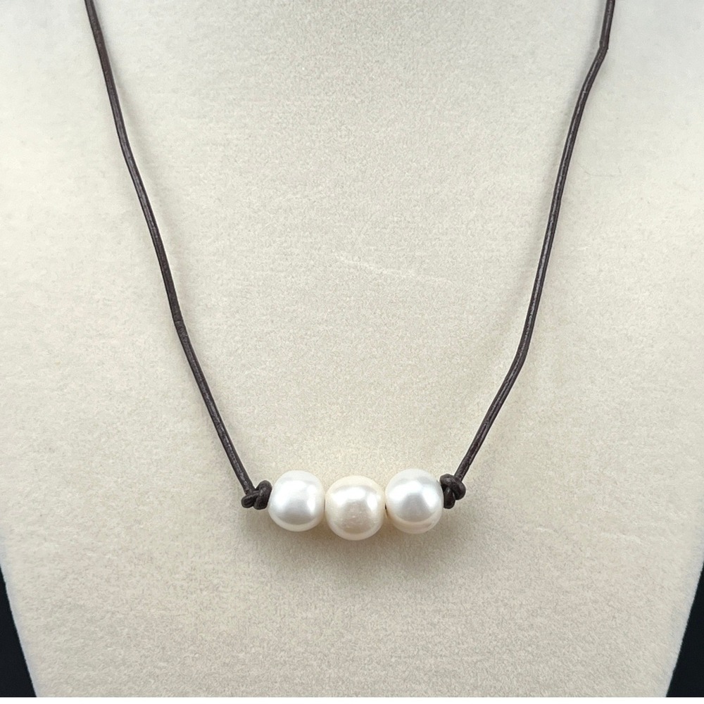 Pearl Necklace Brown Leather Cord Heart Charm Boho Minimalist 17"